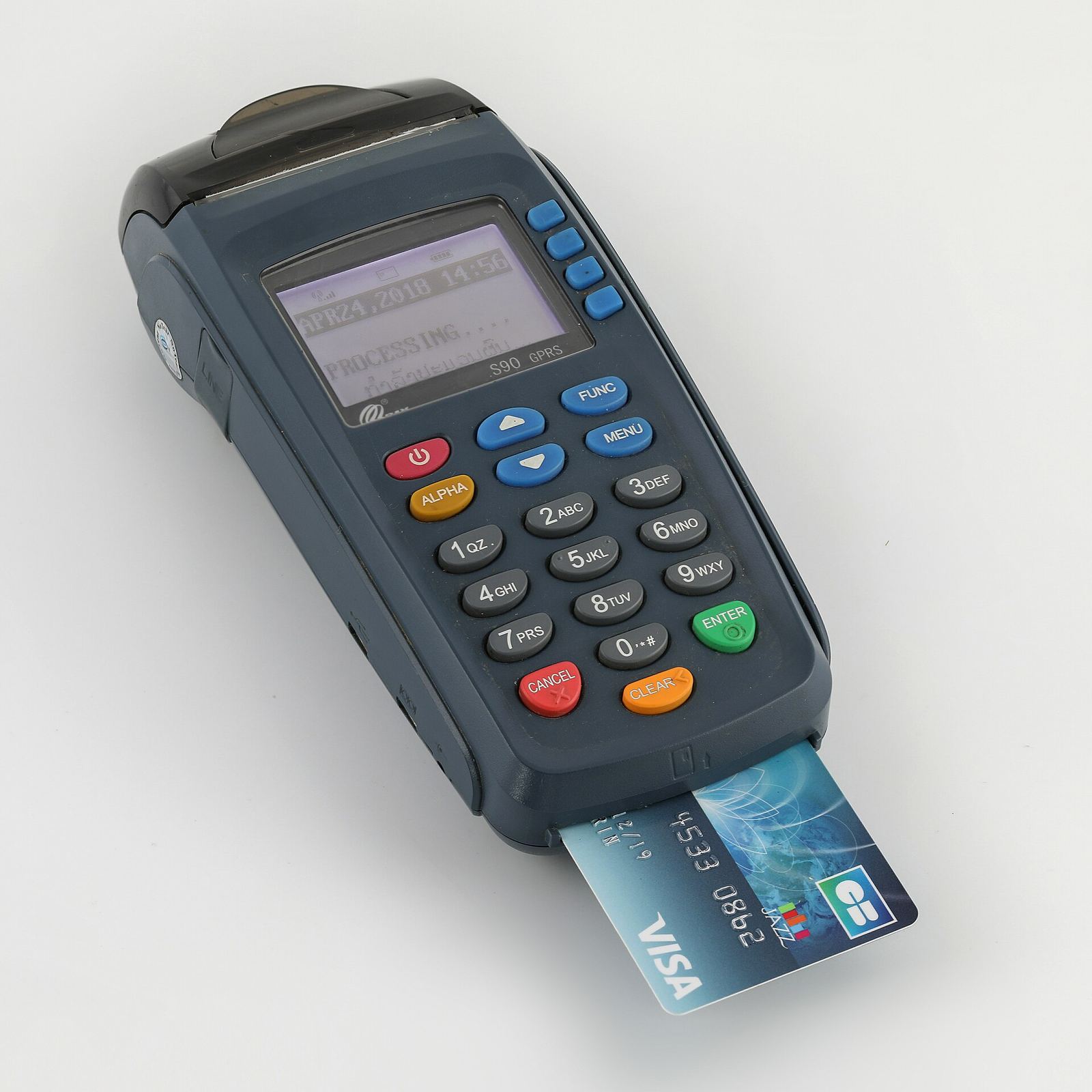 Handheld card payment terminal with a bank card inserted